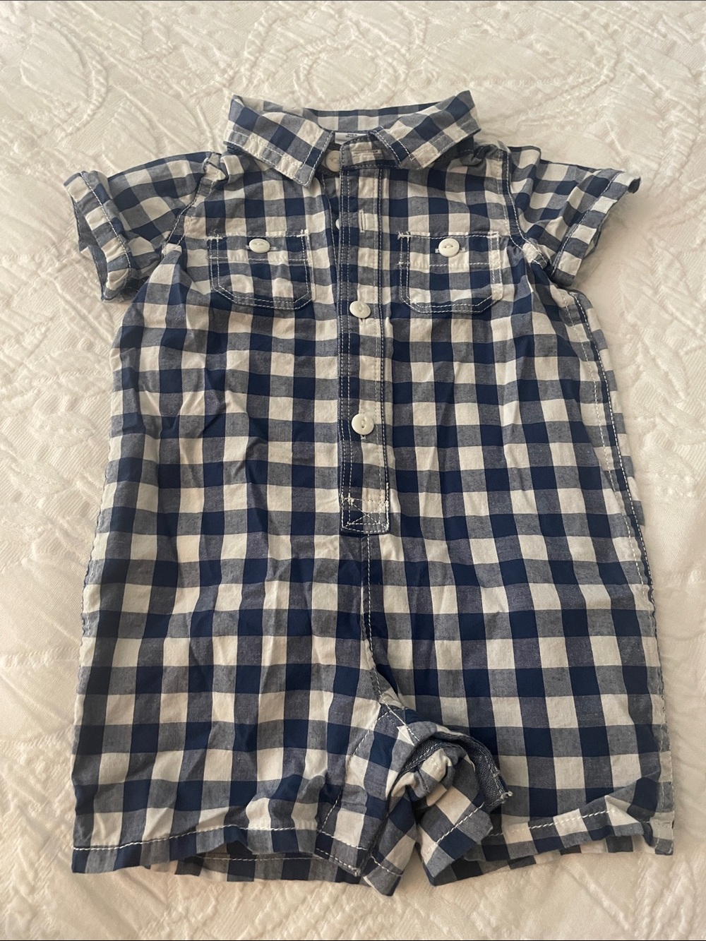 GAP Blue and White Gingham Button-Front Kids Romper